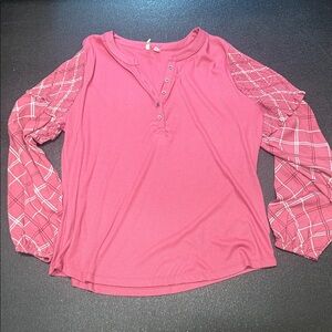 Cato Pink Long Sleeve Henley Top with Patterned Balloon Sleeves